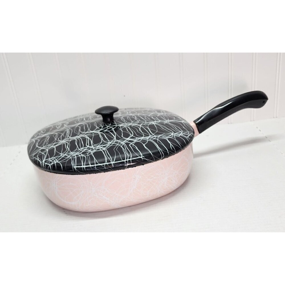 1950's Vintage Serendipity Spaghetti String Pink & Black Abstract Enamel Skillet